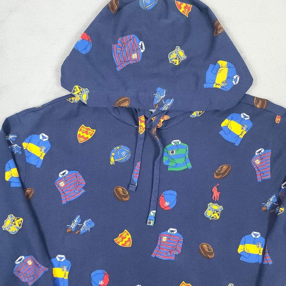 Polo Ralph Lauren Mens L Hooded Shirt Navy Rugby All Over Print Long Sleeve - Picture 2 of 9